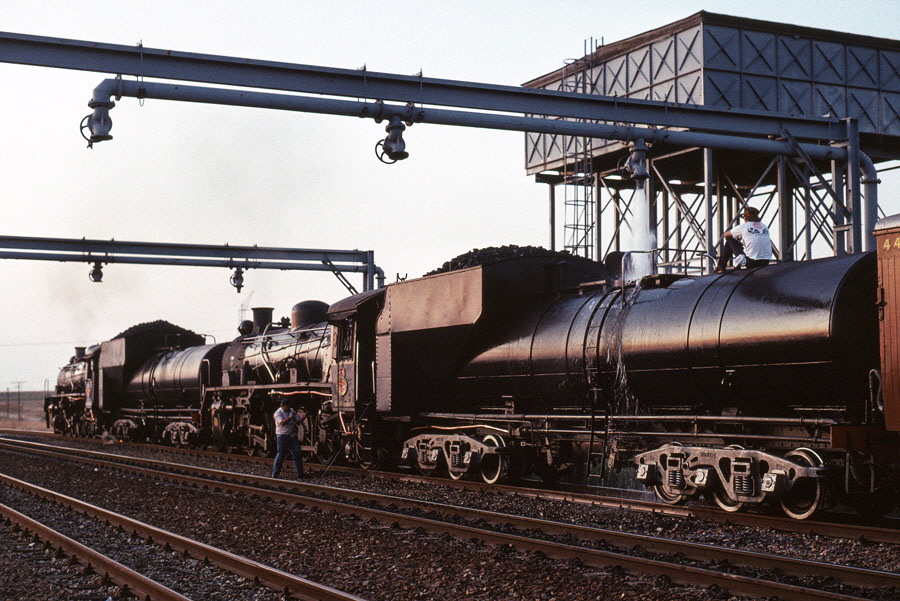 South African class 19D 4-8-2 steam locomotives take water in late evening at Groenbult, South Africa