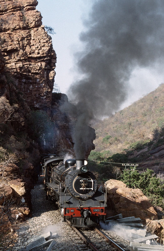 South African class 19D 4-8-2 steam locomotives being serviced with young enthusiasts at Waterpoort, South Africa