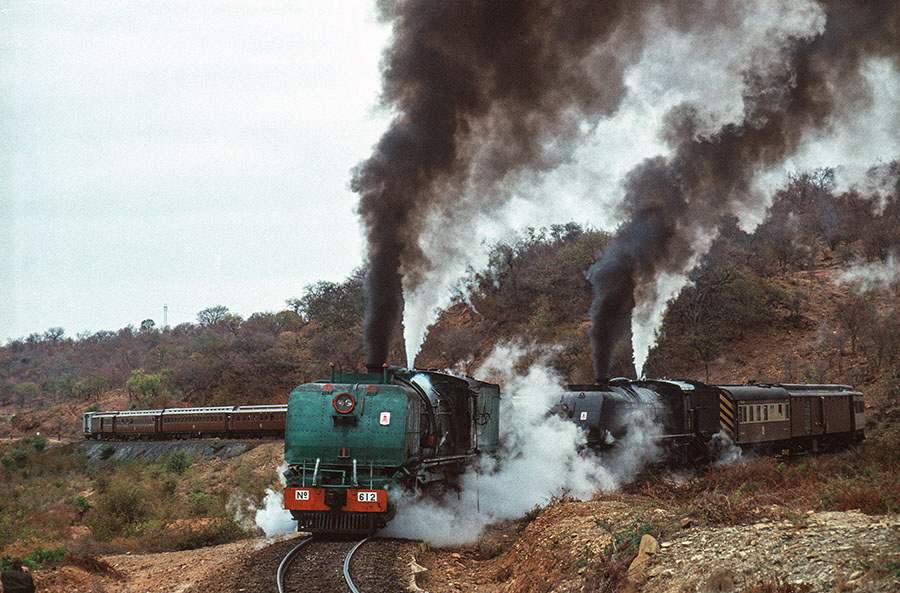 NRZ 'Garratt' 16A class 2-8-2+2-8-2 no. 612 and 14A class 2-6-2+2-6-2  no. 515 run-past between Mbalabala and Bulawayo with the 'Union Limited Zambezi' train, Zimbabwe
