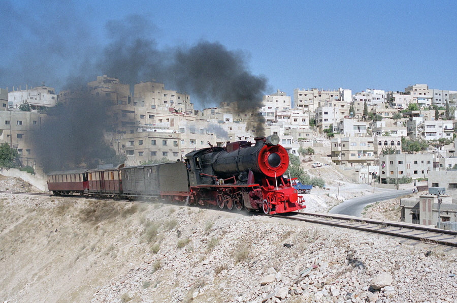 Steam locomotive 71 & train south of Amman station, Hedjaz Railway, Jordan