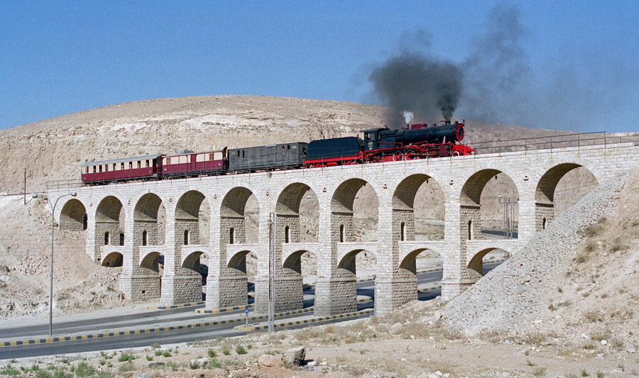 Steam locomotive 71 & train south of Amman station, Hedjaz Railway, Jordan
