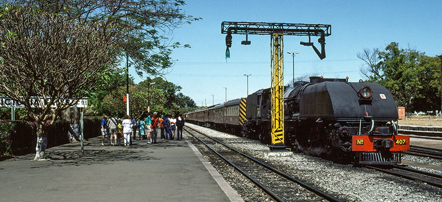 NRZ 15A class 4-6-4+4-6-4 'Garratt' steam locomotive no. 407 'Ukhozi' ('Eagle') at Victoria Falls, Zimbabwe, with the 'Union Limited Zambezi'