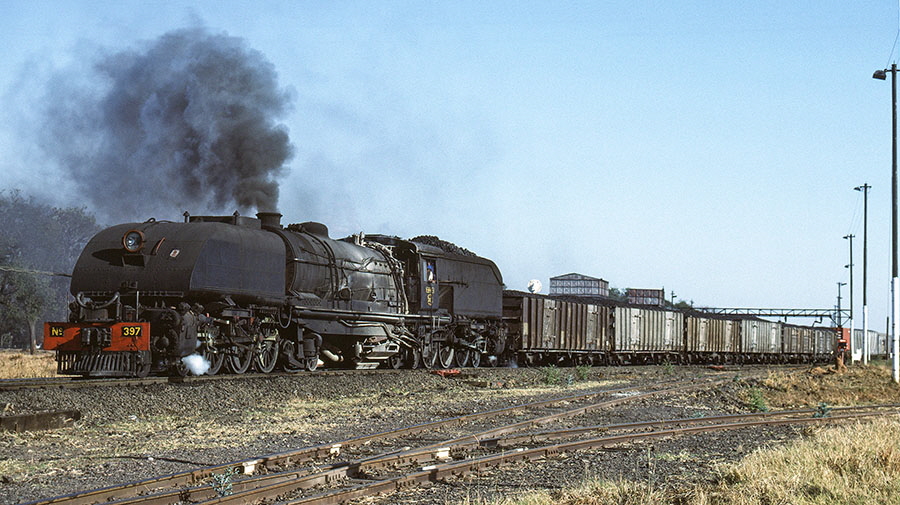 NRZ 15A class 4-6-4+4-6-4  'Garratt' locomotive no. 397 'Inyathi' departs with a freight train from Dete, Zimbabwe