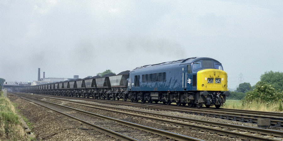 “Peak” Cl 45 no. 45070 with a "Merry Go Round" coal train heads south out of Loughborough on the Midland Main Line, 9/7/75.
