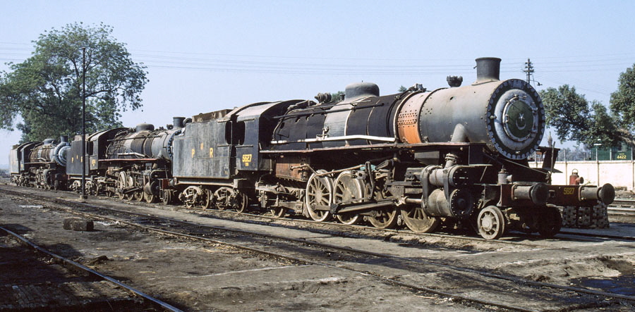 Samasata locomotive shed, Pakistan, with broad gauge, oil fired, class CWD 2-8-2 steam locomotives