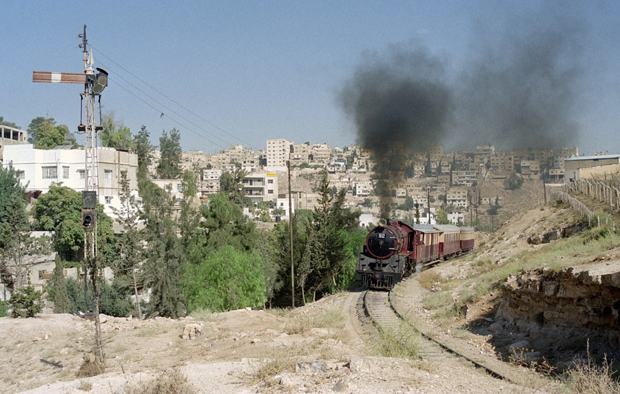 Steam locomotive 82 & train south of Amman station, Hedjaz Railway, Jordan