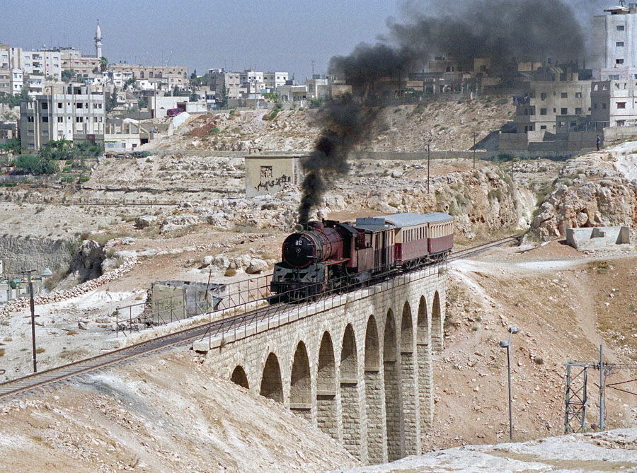 Steam locomotive 82 & train south of Amman station, Hedjaz Railway, Jordan