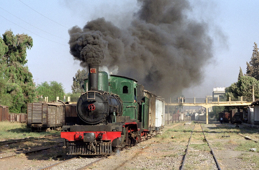 Steam locomotive 66 with freight train runpast, Daraa station, Hedjaz Railway, Syria