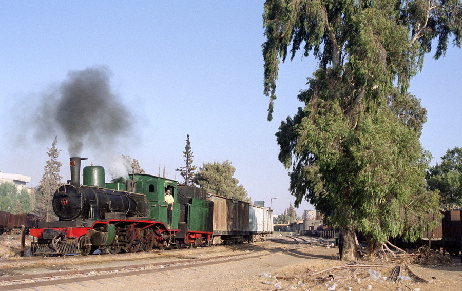 Steam locomotive 66 with freight train runpast, Daraa station, Hedjaz Railway, Syria