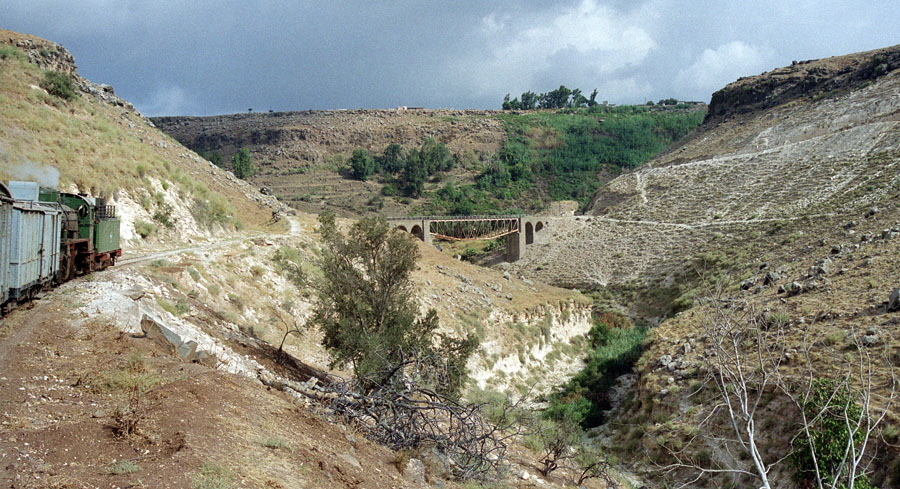 Steam locomotive 262 with train at Yarmuk Gorge, Hedjaz Railway, Syria