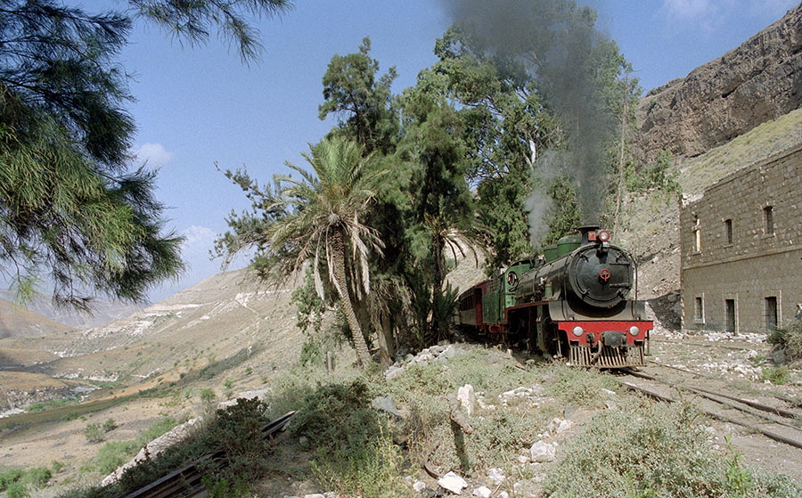 Steam locomotive with train at Zeizoun, Yarmuk Gorge, Hedjaz Railway, Syria