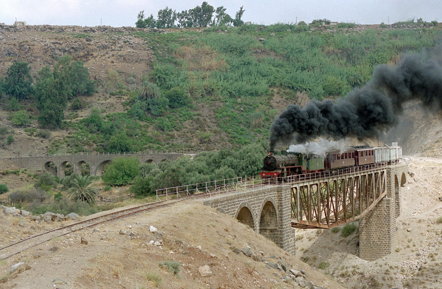 Steam locomotive 262 with train at bridge 14, Yarmuk Gorge, Hedjaz Railway, Syria