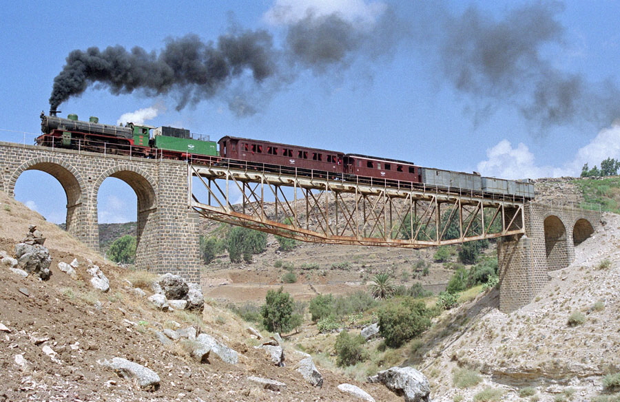 Steam locomotive 262 with train at bridge 14, Yarmuk Gorge, Hedjaz Railway, Syria