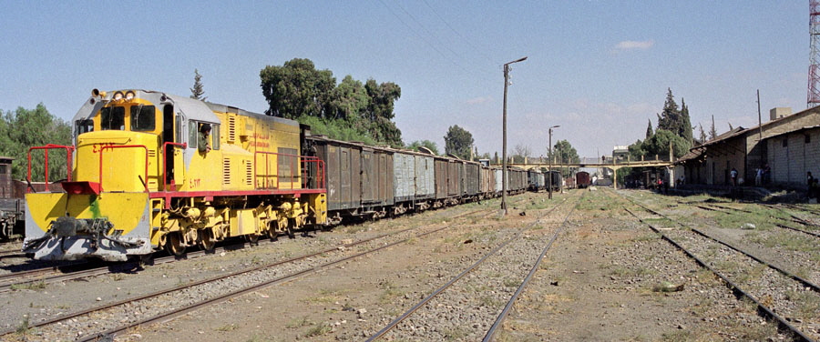 GE Diesel locomotive 40213 arrives at Daraa station, Syria, with a freight train from Amman, Jordan