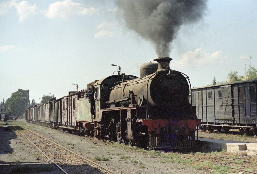 Steam locomotive 261 arrives at Daraa station, on a freigh train from Damascus, Hedjaz Railway, Syria