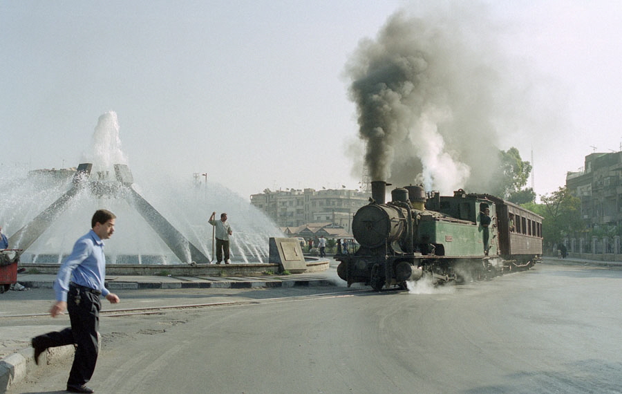 Steam train at roundabout outside Damascus Kanawat station, Hedjaz Railway, Syria