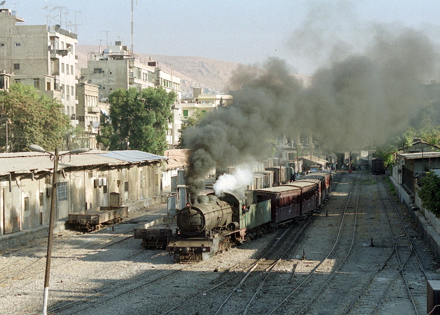 Steam train departing Damascus Kanawat station, Hedjaz Railway, Syria