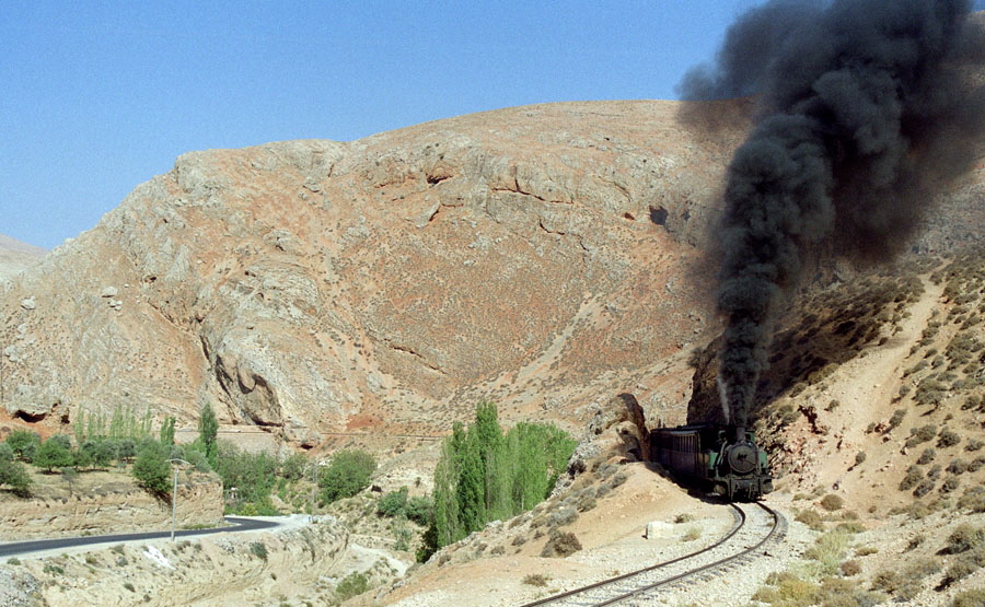 Steam train through mountains, north from Damascus, Hedjaz Railway, Syria