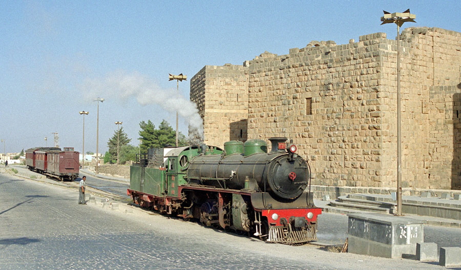 Steam train at Bosra Citadel, Hedjaz Railway, Syria