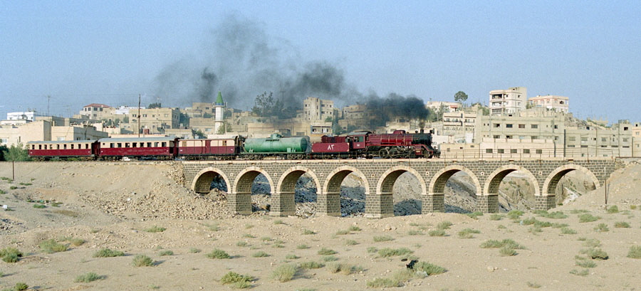 Steam train crossing a wadi between Mafraq and Amman, Hedjaz Railway, Jordan