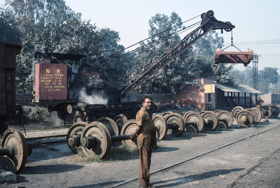 steam crane operating outside Jalandhar locomotive shed, India, 25th December 1993