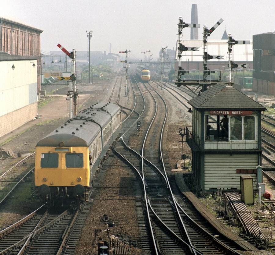 HST & dmu, Leicester North signal box, old semaphore signals