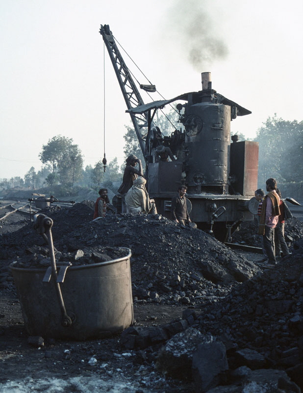Steam crane in operation for coaling outside Jalandhar locomotive shed, India, 25th December 1993
