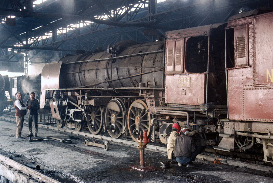 Metre gauge YP 4-6-2 2303 steam locomotive undergoes repair in Bareilly City locomotive shed, 27th December 1993