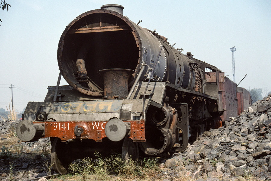 Derelict and cannibalised broad gauge, class WG 2-8-2 9141 (built by Baldwin in 1955), outside Bareilly Junction locomotive shed, India, 27th December 1993