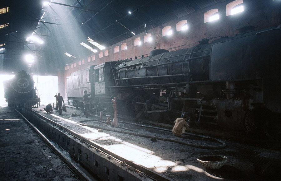 Metre gauge steam locomotives being serviced in Samastipur locomotive shed, India, 29th December 1993