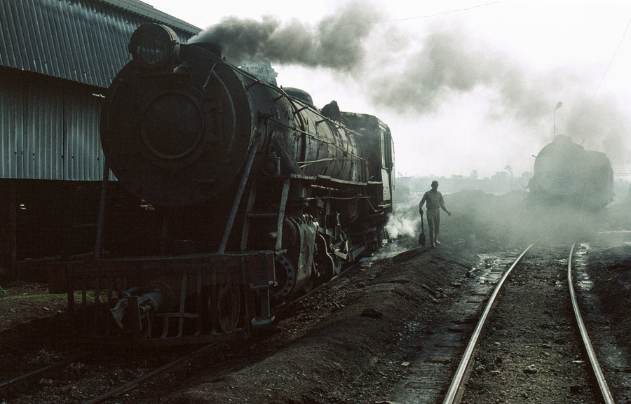 Metre gauge steam locomotives by the ash pits at Samastipur locomotive shed, India, 29th December 1993
