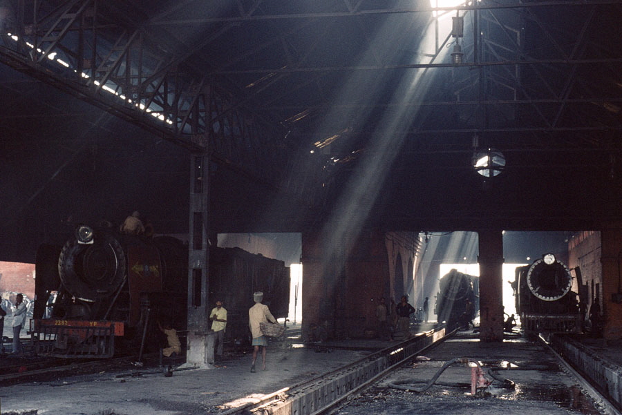 Metre gauge steam locomotives under repair in Samastipur locomotive shed, India, 29th December 1993