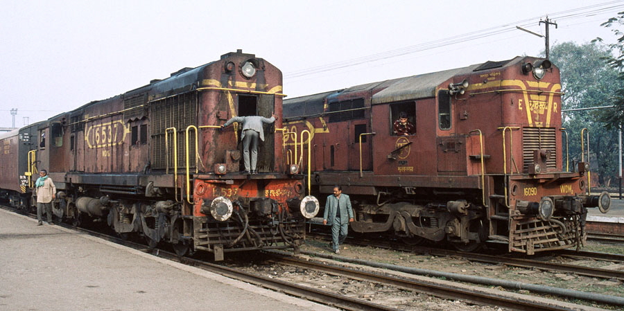 Broad gauge diesel locomotives class WDM2 Co-Co at Muzaffarpur station, India, 29th December 1993